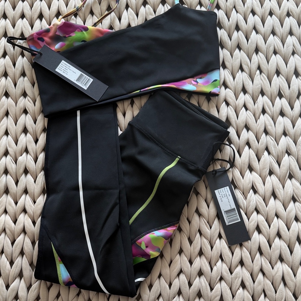 NWT Noli Yoga Bond Prism Camo Black Athletic Set with Neon Floral Accents